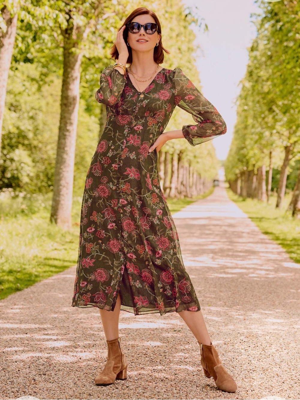 Talbots Olive Graceful Floral Midi Dress NWT size 6 chiffon shimmery flowy